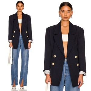SMYTHE Oversized Linen Blend Double Breasted Blazer in Navy